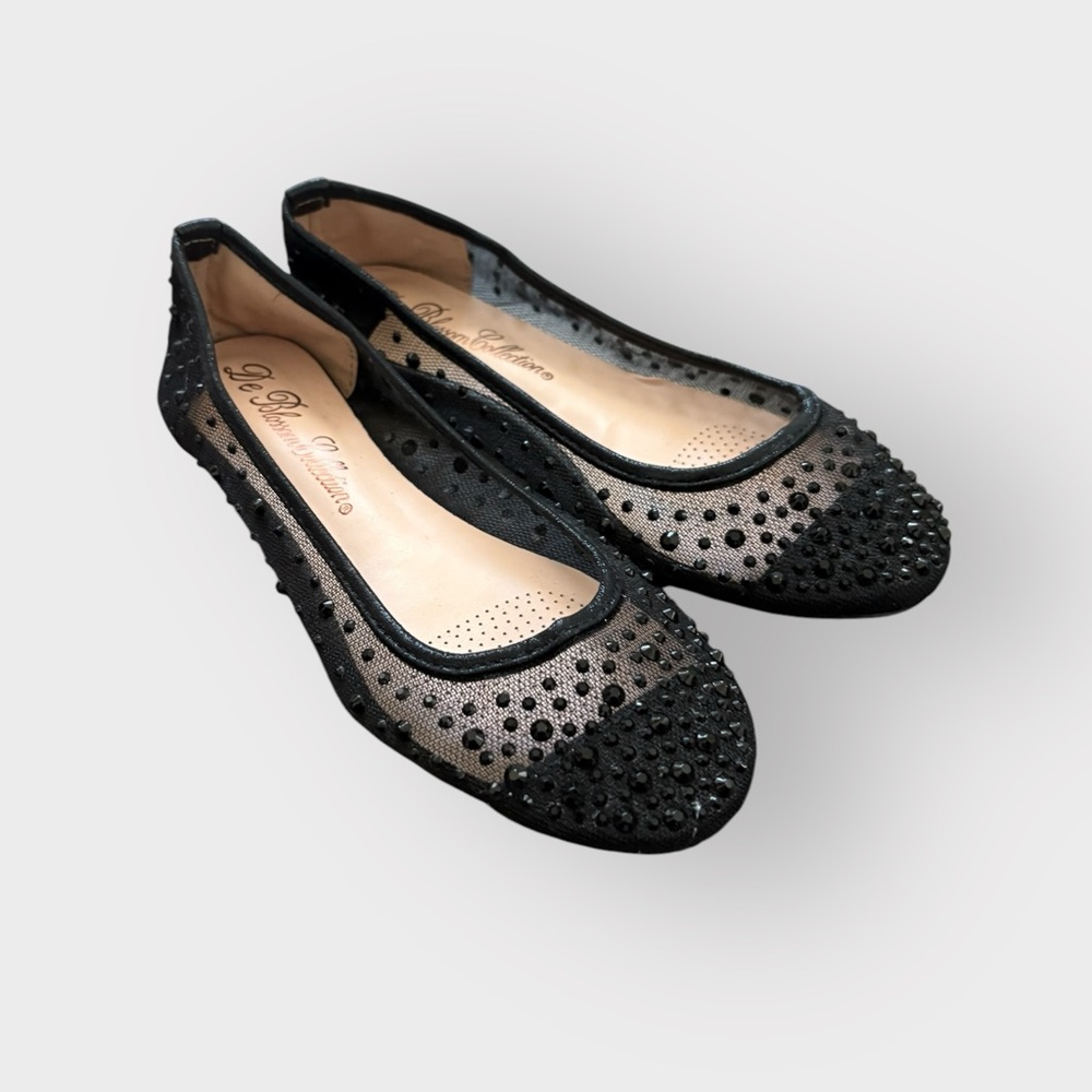 De Blossom Collection Black Sheer Mesh Rhinestone Flats Size 5.5 NEW